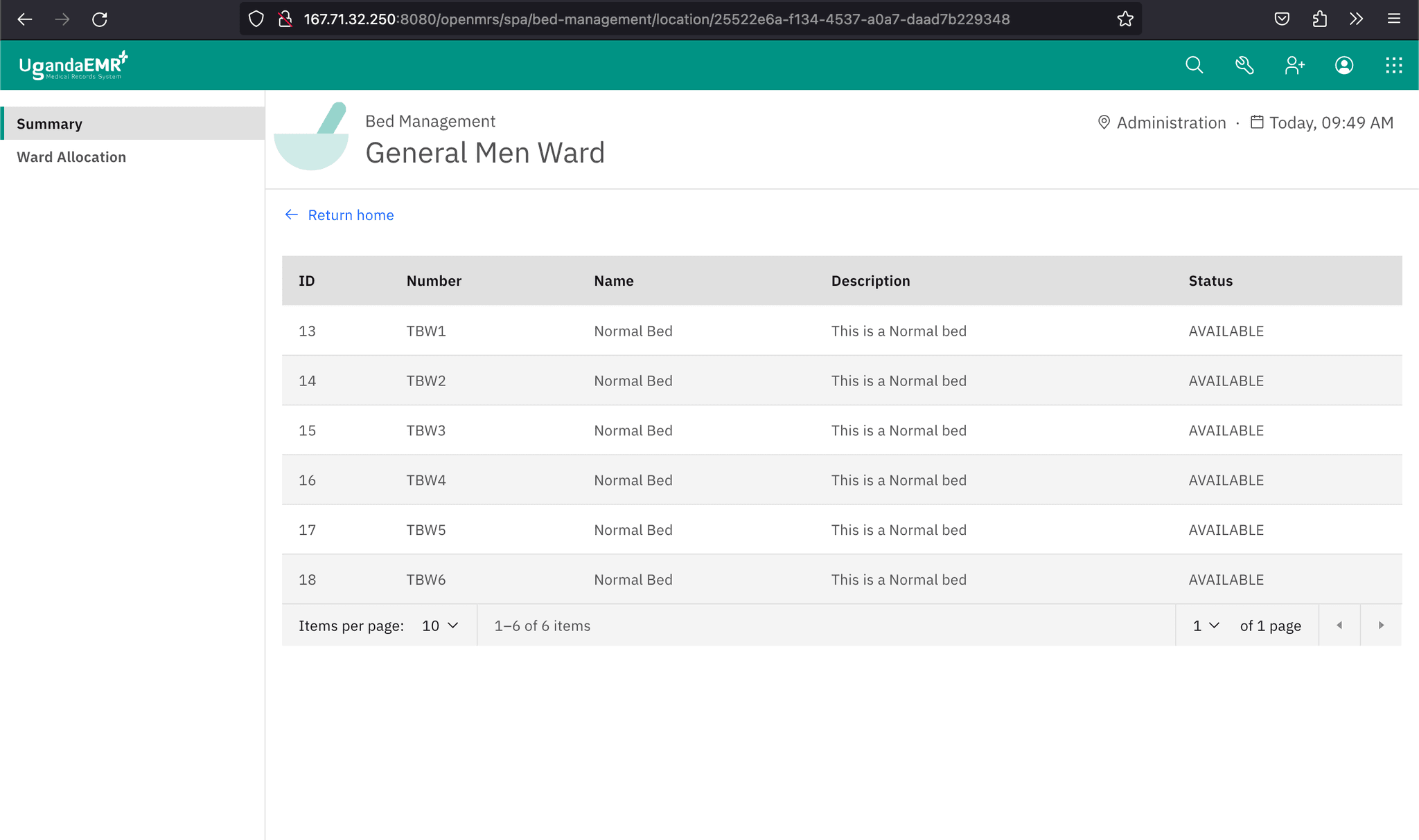 Screenshot of the ward page which is a nested route of the landing page